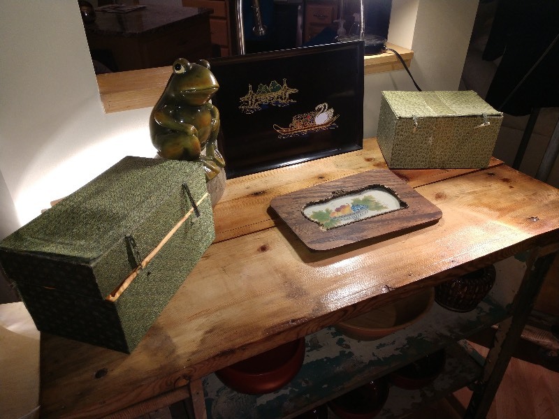 lot 53 image: Oriental Gift Boxes (2), Toad Figurine, Wood Frame, Framed Art