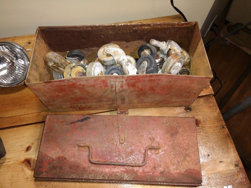 lot 54 image: Black Briefcase w Leather Handle and Wood Compartment Inside, Floodlight, Red Parts Bin w Cover and Casters