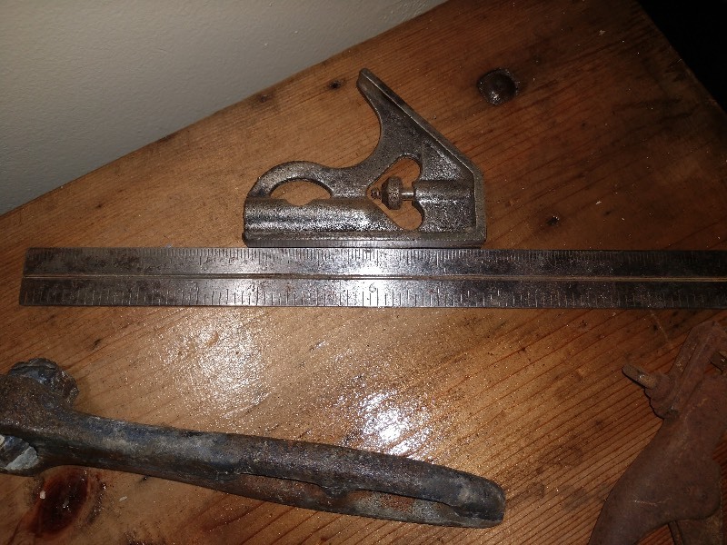 lot 62 image: Antique Tools, Wrenches, Compass, Clamps and Ruler
