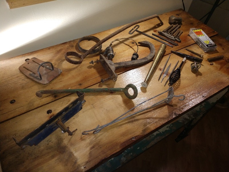 lot 66 image: Antique Hooks, 54 Stanley Chainsaw Chain (new), and Other Antique Tools