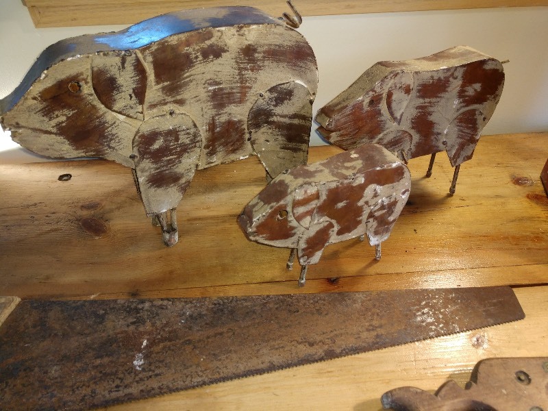 lot 72 image: Antique Saws, Antique Mailbox and Metal Pig Figures