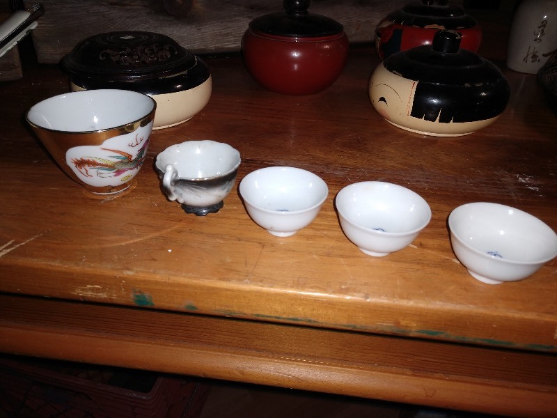 lot 93 image: Antique Wood Bowls Made in Japan and Pottery, Porcelain Aluminite Frugier Limoges-France, Vanity Jars Japan