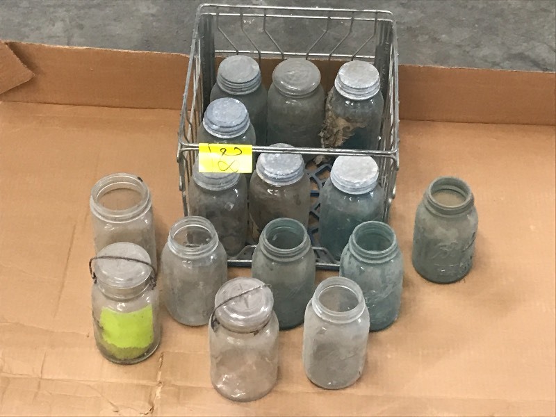 lot 28 image: Crate Of (15) Vintage Glass Canning...