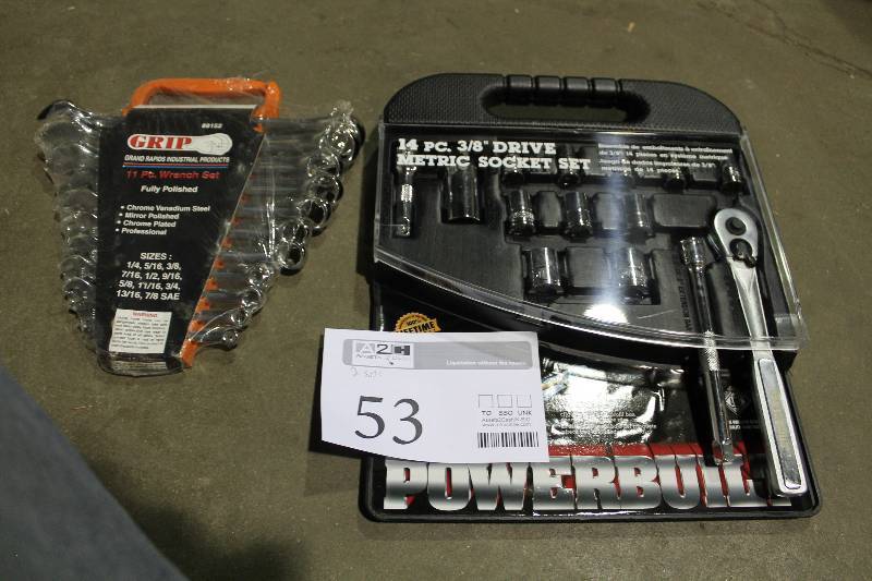 lot 53 image: Lot of (2) Hand Tools - Grip 11-Piece Wrench Set ASE, Powerbuilt 14-Piece 38in. Drive Metric Socket Set