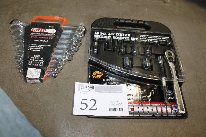 lot 52 image: Lot of (2) Hand Tools - Grip 11-Piece Wrench Set ASE, Powerbuilt 14-Piece 38in. Drive Metric Socket Set