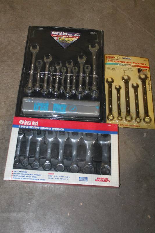 lot 31 image: Lot of (3) Hand Tools - Great Neck 8-Piece Stubby Combo Wrench, Grip 5-Piece Combination Wrenches, Great Neck 11-Piece Combination Wrench Metric