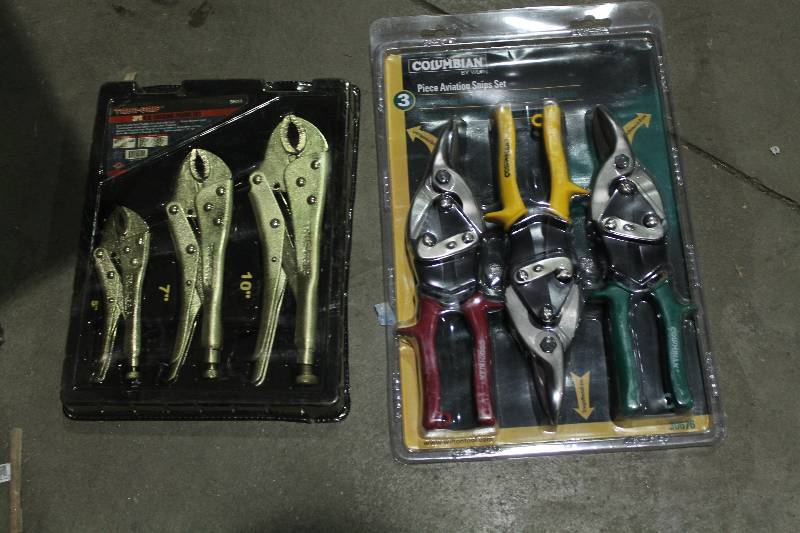 lot 99 image: Lot of (2) Hand Tools - Columbian 3-Piece Aviation Snips, True-Grip 3-Piece H.Q. Locking Pliers Set