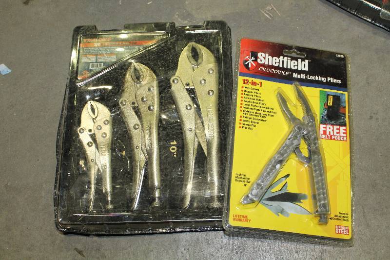 lot 100 image: Lot of (2) Hand Tools - Sheffield 12-in-1 Multi-Locking Pliers, True-Grip 3-Piece H.Q. Locking Pliers Set