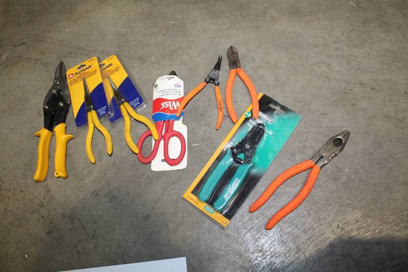 lot 111 image: Lot of (8) Snips, Needle Nose Pliers, Wire Cutters, Stripper