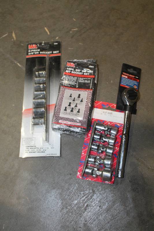 lot 148 image: Lot of (4) Hand Tools - True-Grip 38in. Drive Ratchet, 5-Piece 38in. Drive Flex, MIT 10-Piece 38in. Drive Hex Bit Socket Set, MIT 8-Piece 38in. Drive Socket Set