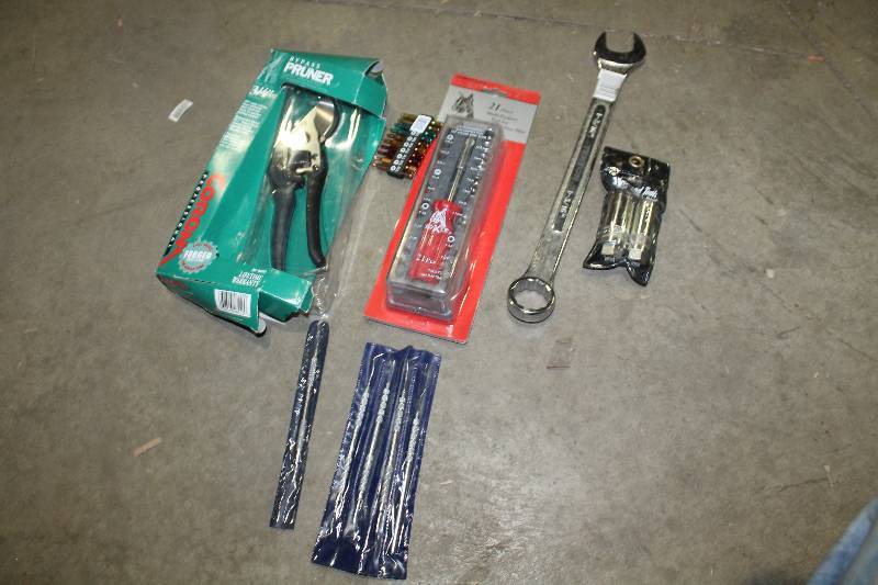 lot 156 image: Lot of (7) Hand Tools - Pruners, Pick Set, Boxer 21-Piece Multi-Purpose, Herbrand Tools Sockets, 1-316in. Combination Wrench