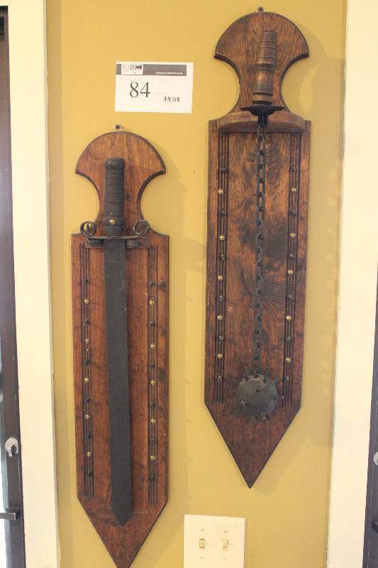 lot 84 image: Lot of (2) Medievel Wall Decorations - Dagger, Ball w Chain