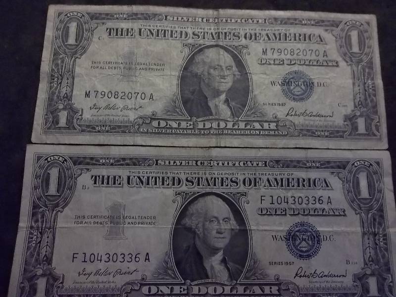 2 US One Dollar Silver Certificates 1957 Series