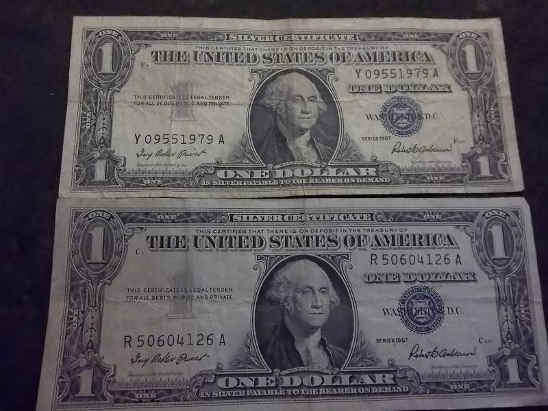 2 US One Dollar Silver Certificates 1957 Series