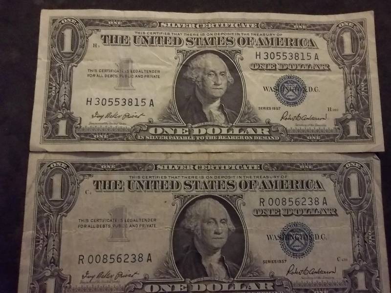 2 US One Dollar Silver Certificates 1957 Series