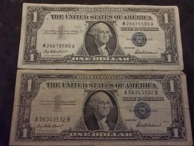 2 US One Dollar Silver Certificates 1957 Series