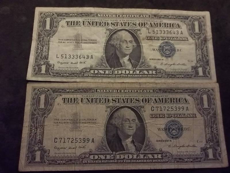 2 One Dollar Silver Certificates Series 1957A