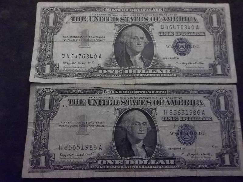 2 US One Dollar Silver Certificates 1957A Series