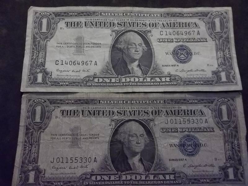 2 One Dollar Silver Certificates Series 1957A