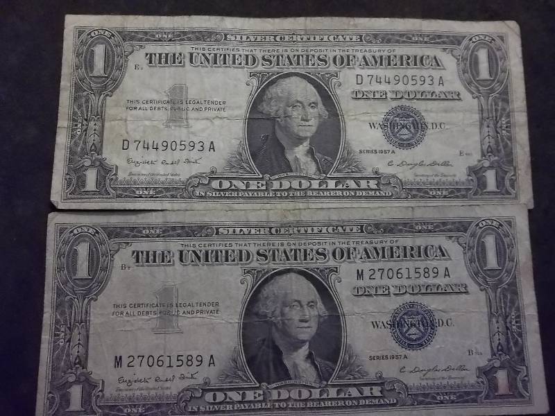 2 One Dollar Silver Certificates Series 1957A