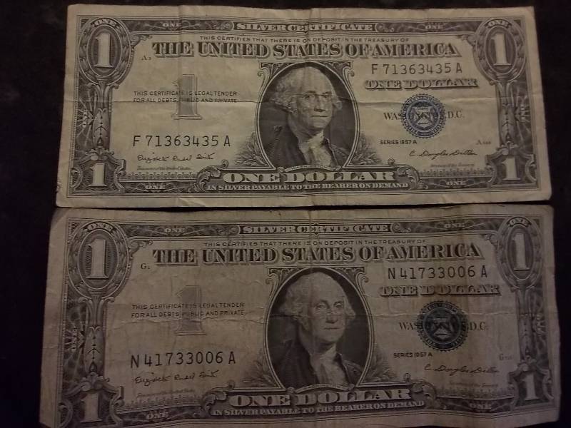 2 One Dollar Silver Certificates Series 1957A