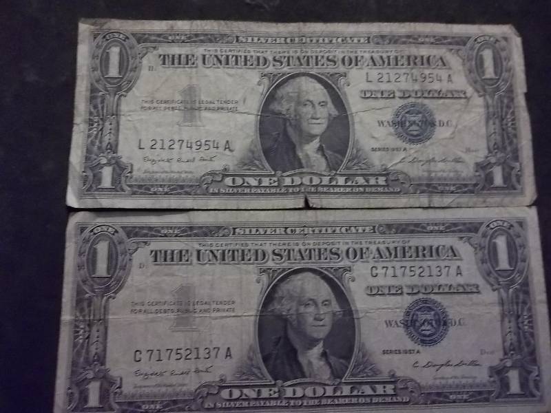 2 One Dollar Silver Certificates Series 1957A