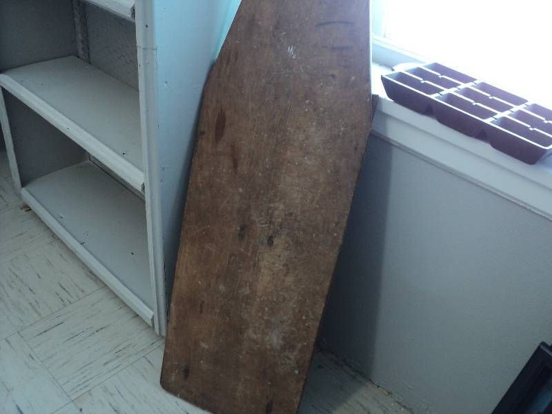 lot 6 image: Wood ironing board and cast iron ba...