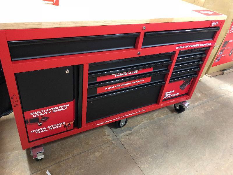 Milwaukee  60.125 in. 11-Drawer and 1-Door 22 in. D Mobile Workbench with Sliding Pegboard Back Wall, Red and Black in good condition