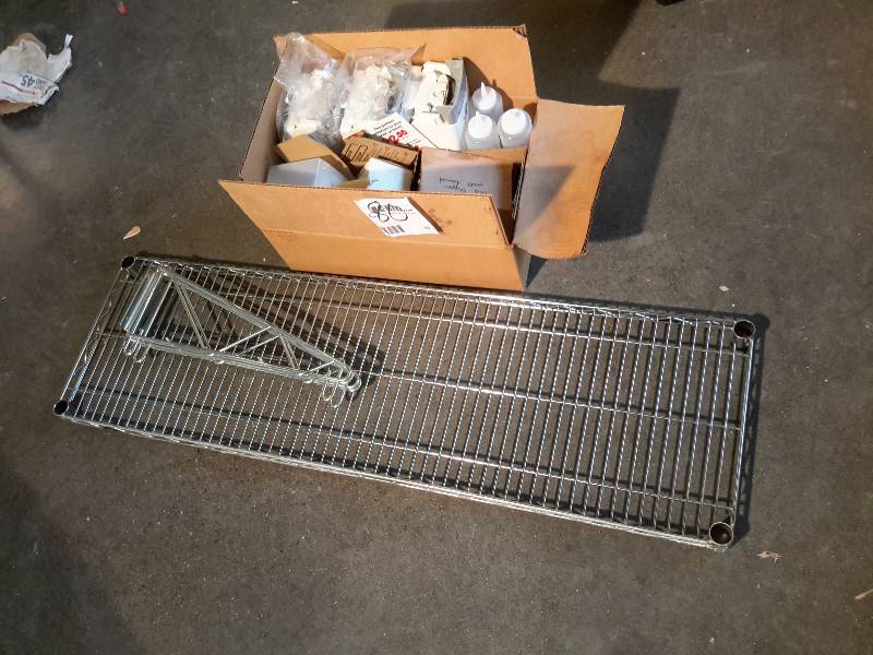 lot 80 image: 3 Soap Dispensers.. 14in x36in Heavy Chrome Shelf with 1 wall hanger. NSF