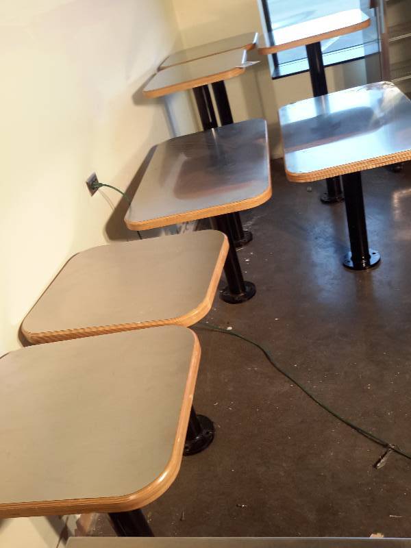 lot 64 image: 7, Heavy Steel single pole Base Tables Wood with Stainless Steel Top