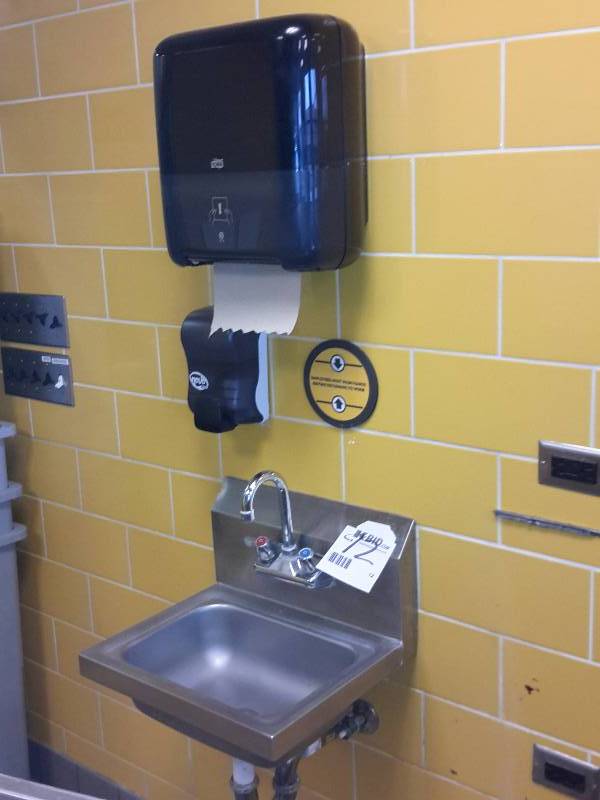 lot 12 image: Stainless Steel Hand Sink with Soap disp and towel dispensers