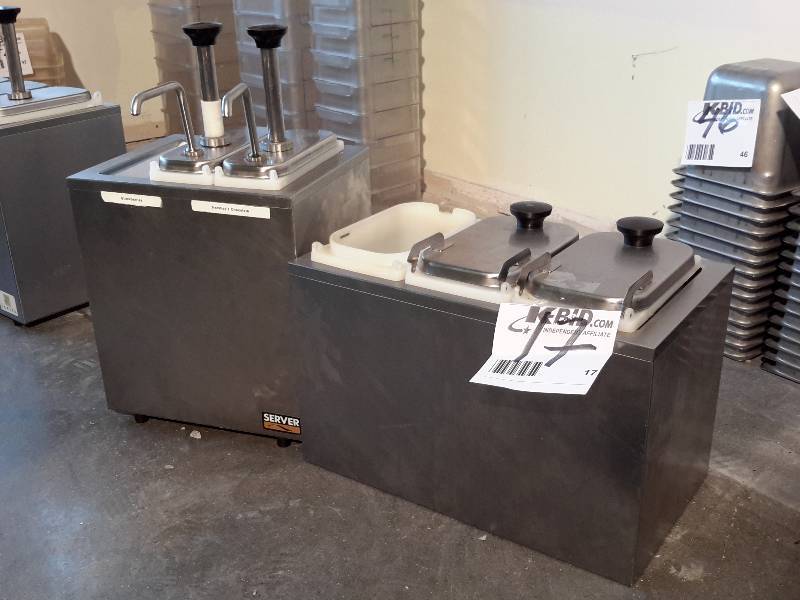 lot 17 image: Server, Stainless Steel Ice cream Topping Dispensers.. One pump missing (2)