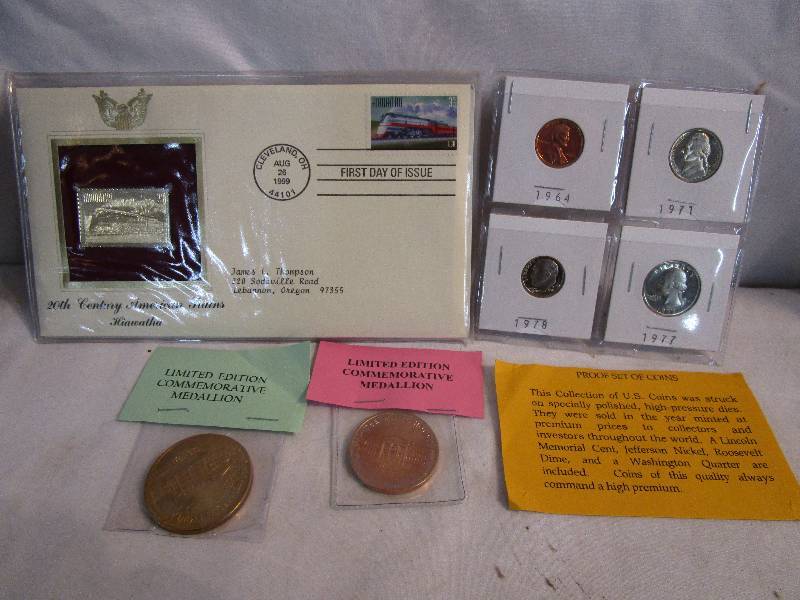 lot 1 image: Proof Coins, Limited Edition New Orleans Collective Medallion, The White House Collective Medallion and American Trains 24 K First Day of Issue Commemorative Stamp,