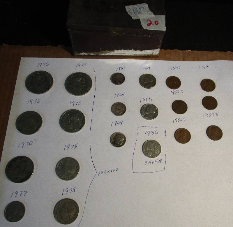 lot 20 image: Foreign and US Coins Older in a tin Box