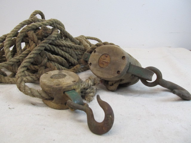 lot 11 image: Pair of Vintage Wood Pulleys wRope