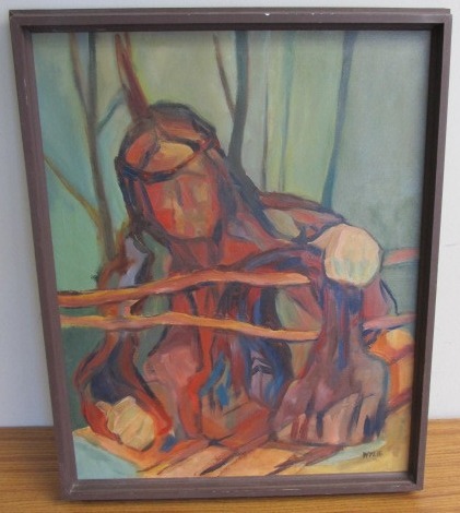 lot 85 image: Framed Signed Vintage Mid Century Oil on Canvas Native American Painting