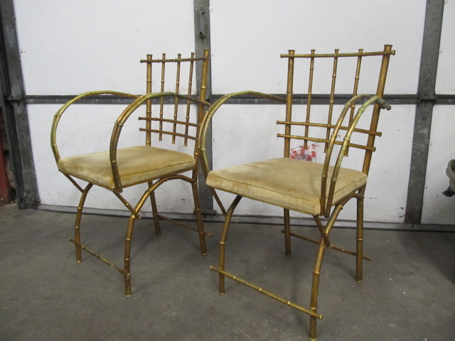 lot 6 image: Pair of Vintage Hollywood Recency Gilt Metal Faux Bamboo Armchairs