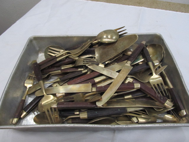 lot 25 image: Large Lot Brass & Rosewood Flatware