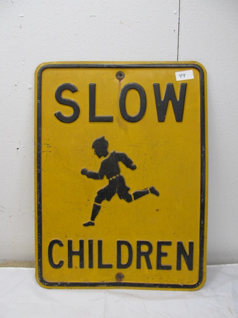 lot 44 image: NICE Vintage Embossed Slow Children Road Sign