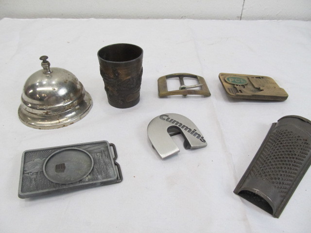 lot 98 image: Lot of Misc Collectibles -Belt Buckle, Service Bell, Shot Glass, etc