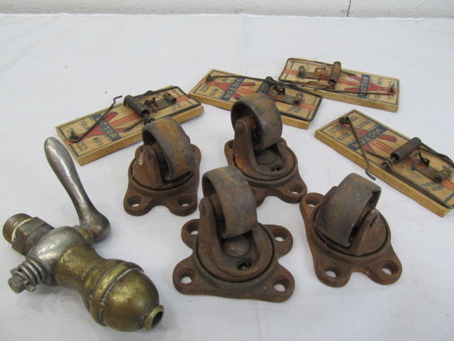 lot 99 image: Lot of Metal Casters, Spigot & Mouse Traps