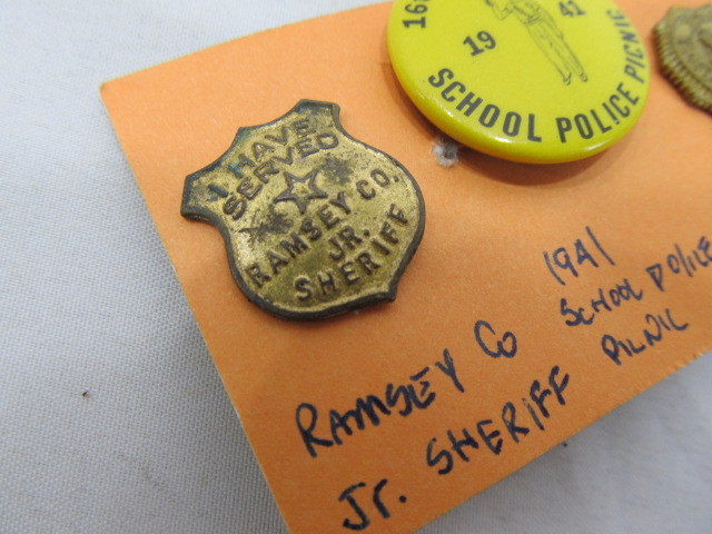 lot 158 image: Lot of 3 Pinbacks -1941 School Picnic & Jr Sheriff & Patrol