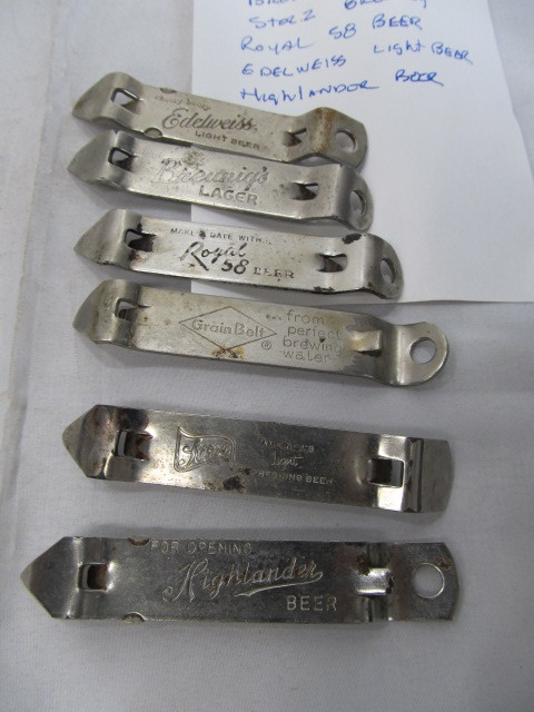lot 165 image: Group of Assorted Beer Bottle Openers -Grain Belt, Edelweiss, Highlander, Royal 58,etc.