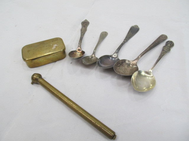 lot 259 image: Lot of Collectibles -Souvenir Spoons, Brass Tire Gauge, Trinket Box, etc