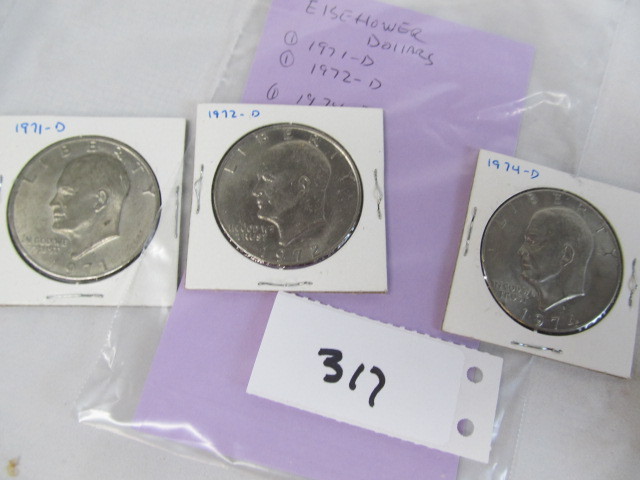 lot 317 image: 3 IKES 1971, 1972, 1974 Silver Dollars
