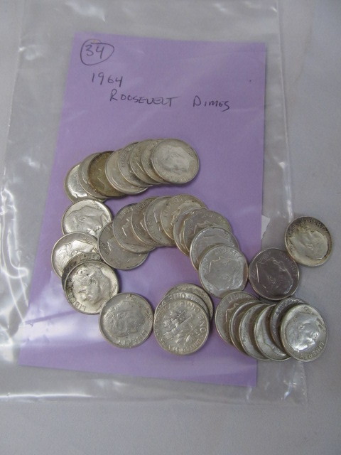 lot 319 image: All Silver 1964 Roosevelts Dimes