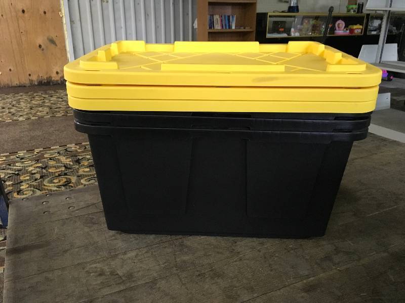 TWO 27 GAL BLKYELLOW TOTE, MSRP $8.99 EACH