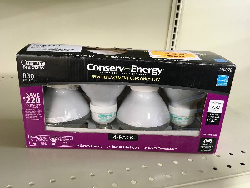 FEIT CFL R30 BULB 4PK, MSRP $11.49
