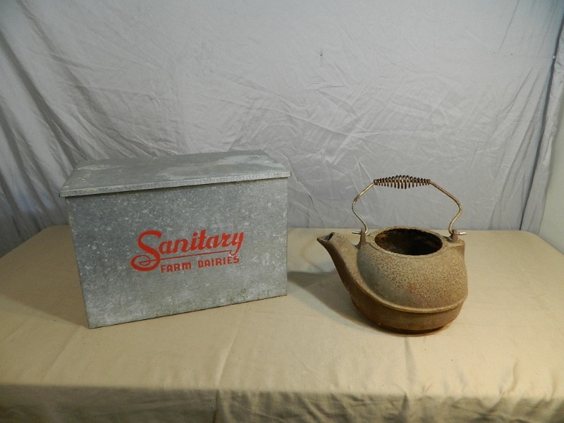 lot 23 image: Vintage Milk Box and Old Cast Kettle