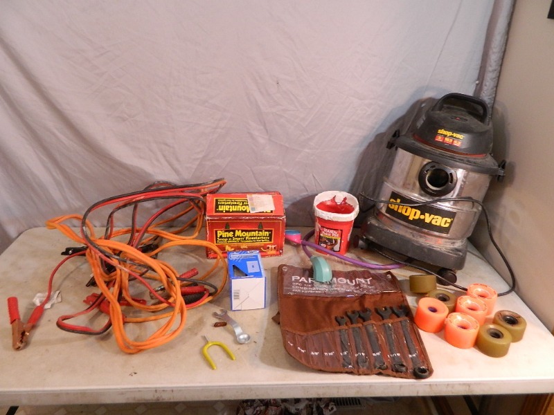 lot 63 image: Shop Vac, Jumper Cables, Tools, Etc